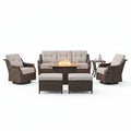 Luxurious 7 Piece Patio Furniture Set with Fire Pit Table, High Back Wicker Swivel Rocker Glider Outdoor Chairs with 6" Cushion, All-Weather Patio Conversation Set for Yard Garden - Brown/Beige