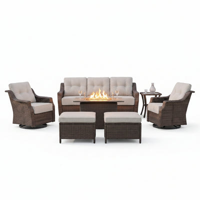 Luxurious 7 Piece Patio Furniture Set with Fire Pit Table, High Back Wicker Swivel Rocker Glider Outdoor Chairs with 6" Cushion, All-Weather Patio Conversation Set for Yard Garden - Brown/Beige
