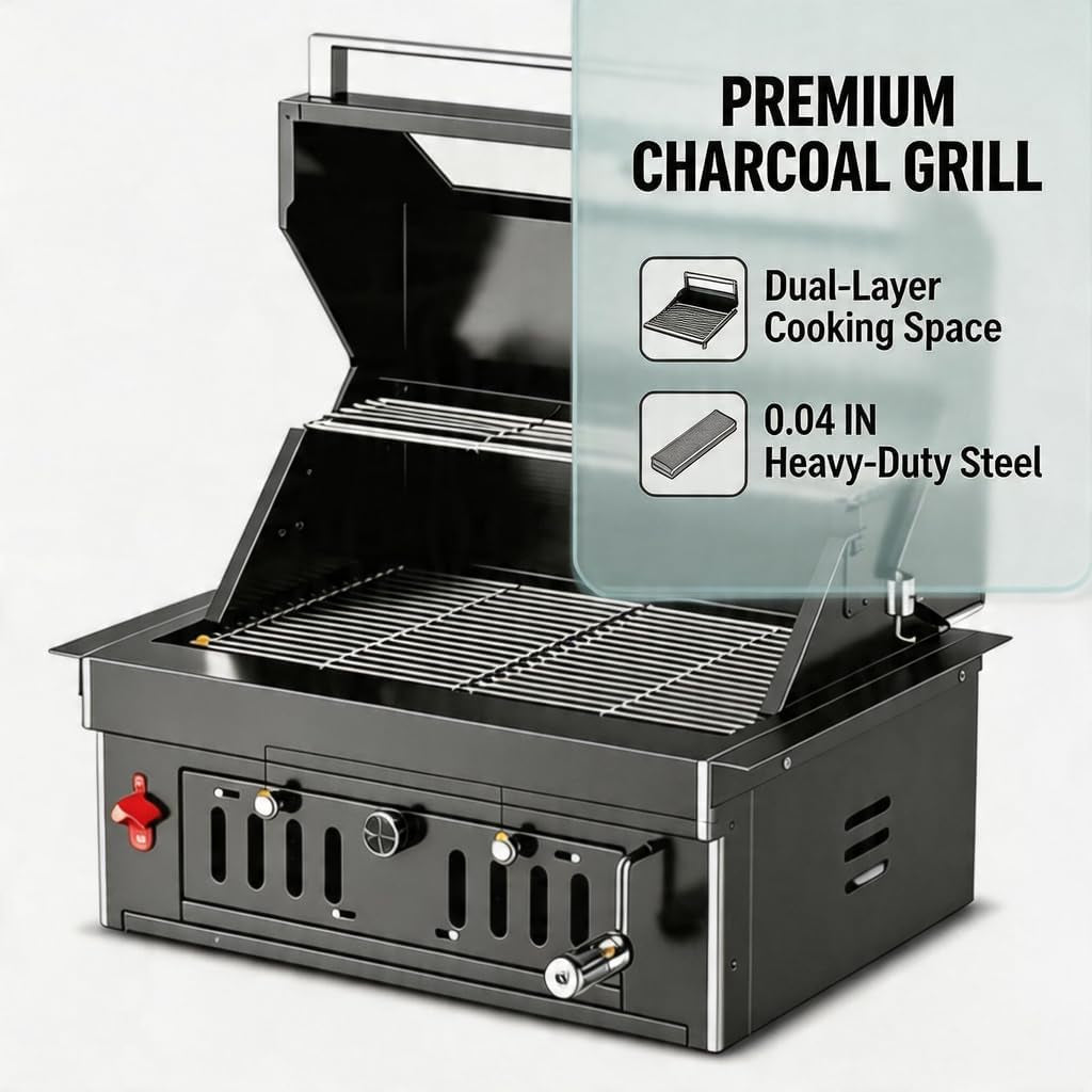 27-Inch Heavy Duty Charcoal Grill, 304 Stainless Steel Portable Outdoor BBQ with Adjustable Tray, Large Front Door & Side Vents for Backyard, Patio, Camping Family BBQ Gatherings — product view 4