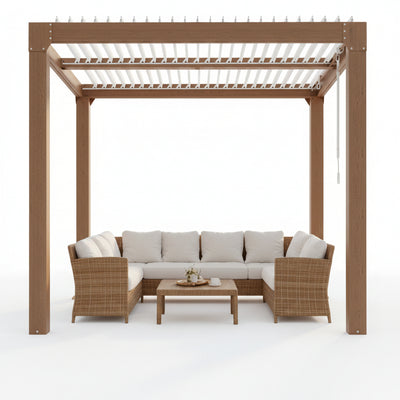 Louvered Pergola 10 Ft X10', Outdoor Pergola with Adjustable Louvered Roof, Reinforced Aluminum Frame, Integrated Drainage System, Hardtop Gazebo for Patio, Deck, Wood Grain