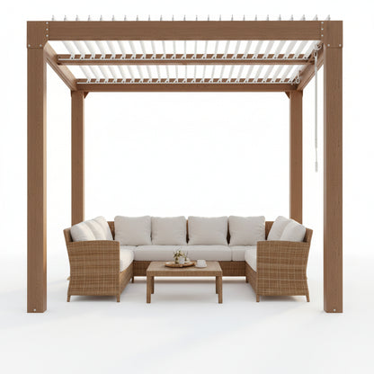 Louvered Pergola 10 Ft X10', Outdoor Pergola with Adjustable Louvered Roof, Reinforced Aluminum Frame, Integrated Drainage System, Hardtop Gazebo for Patio, Deck, Wood Grain