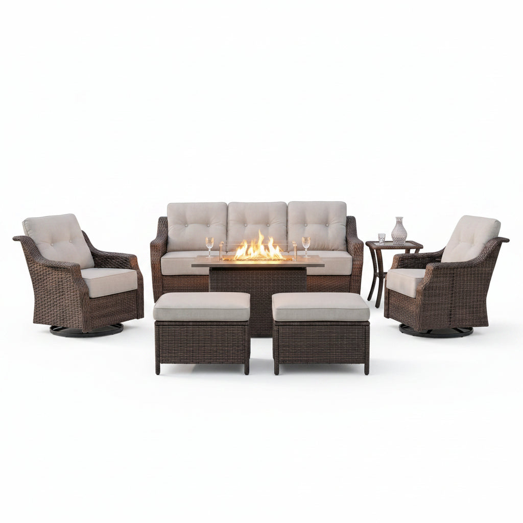 Luxurious 7 Piece Patio Furniture Set with Fire Pit Table, High Back Wicker Swivel Rocker Glider Outdoor Chairs with 6" Cushion, All-Weather Patio Conversation Set for Yard Garden - Brown/Beige