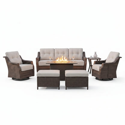 Luxurious 7 Piece Patio Furniture Set with Fire Pit Table, High Back Wicker Swivel Rocker Glider Outdoor Chairs with 6" Cushion, All-Weather Patio Conversation Set for Yard Garden - Brown/Beige