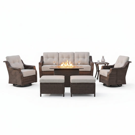 Luxurious 7 Piece Patio Furniture Set with Fire Pit Table, High Back Wicker Swivel Rocker Glider Outdoor Chairs with 6" Cushion, All-Weather Patio Conversation Set for Yard Garden - Brown/Beige