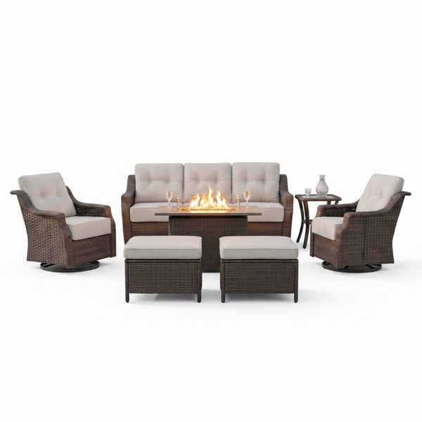 Luxurious 7 Piece Patio Furniture Set with Fire Pit Table, High Back Wicker Swivel Rocker Glider Outdoor Chairs with 6" Cushion, All-Weather Patio Conversation Set for Yard Garden - Brown/Beige