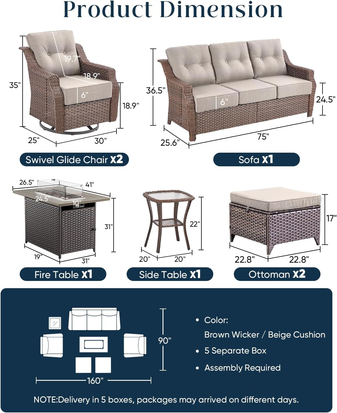 Luxurious 7 Piece Patio Furniture Set with Fire Pit Table, High Back Wicker Swivel Rocker Glider Outdoor Chairs with 6" Cushion, All-Weather Patio Conversation Set for Yard Garden - Brown/Beige — product view 2