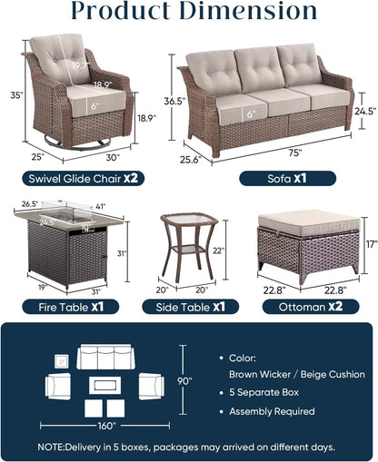 Luxurious 7 Piece Patio Furniture Set with Fire Pit Table, High Back Wicker Swivel Rocker Glider Outdoor Chairs with 6" Cushion, All-Weather Patio Conversation Set for Yard Garden - Brown/Beige — product view 2