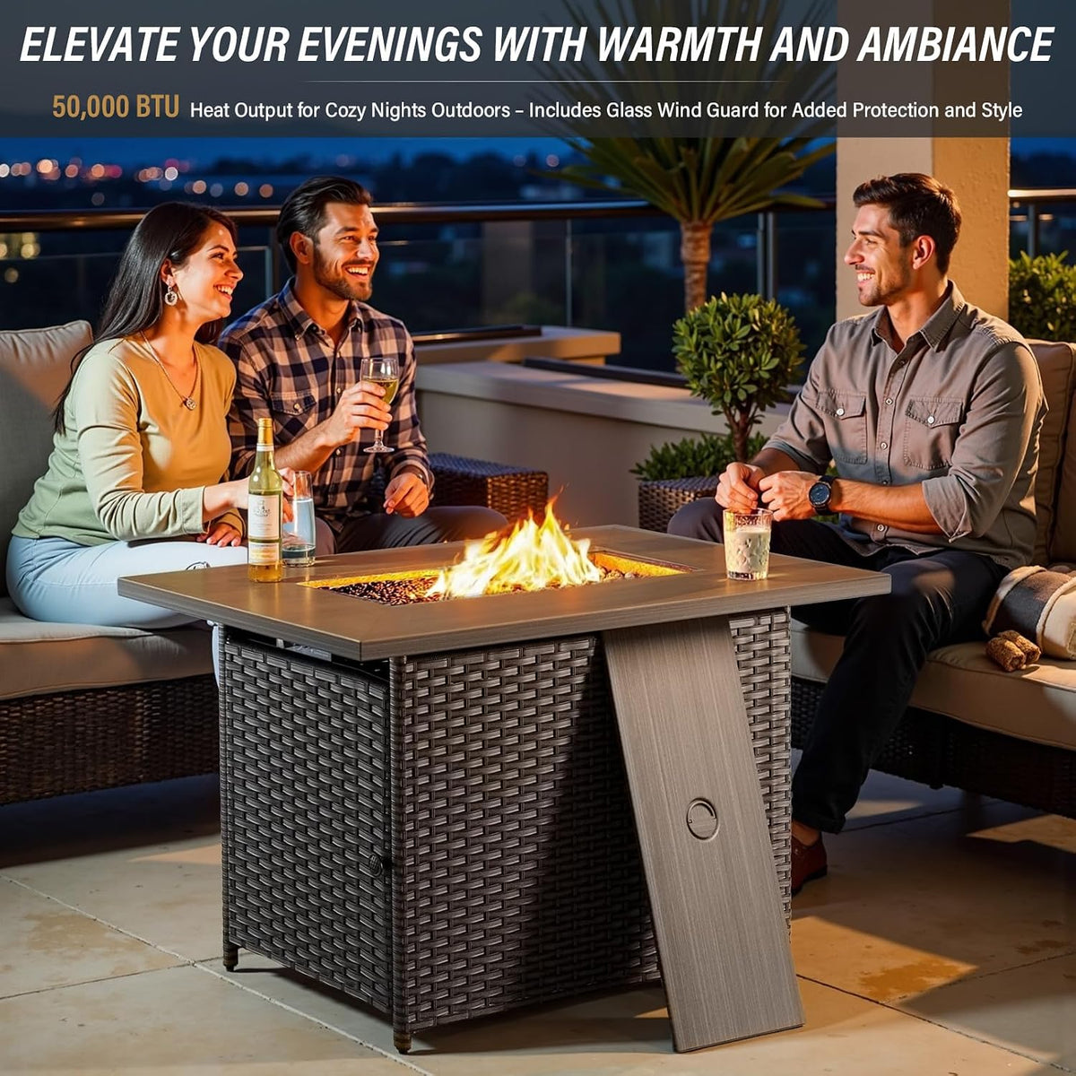 Luxurious 7 Piece Patio Furniture Set with Fire Pit Table, High Back Wicker Swivel Rocker Glider Outdoor Chairs with 6" Cushion, All-Weather Patio Conversation Set for Yard Garden - Brown/Beige — product view 6